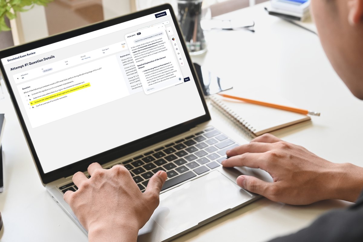Candidate reviewing a Becker simulated exam question on a laptop